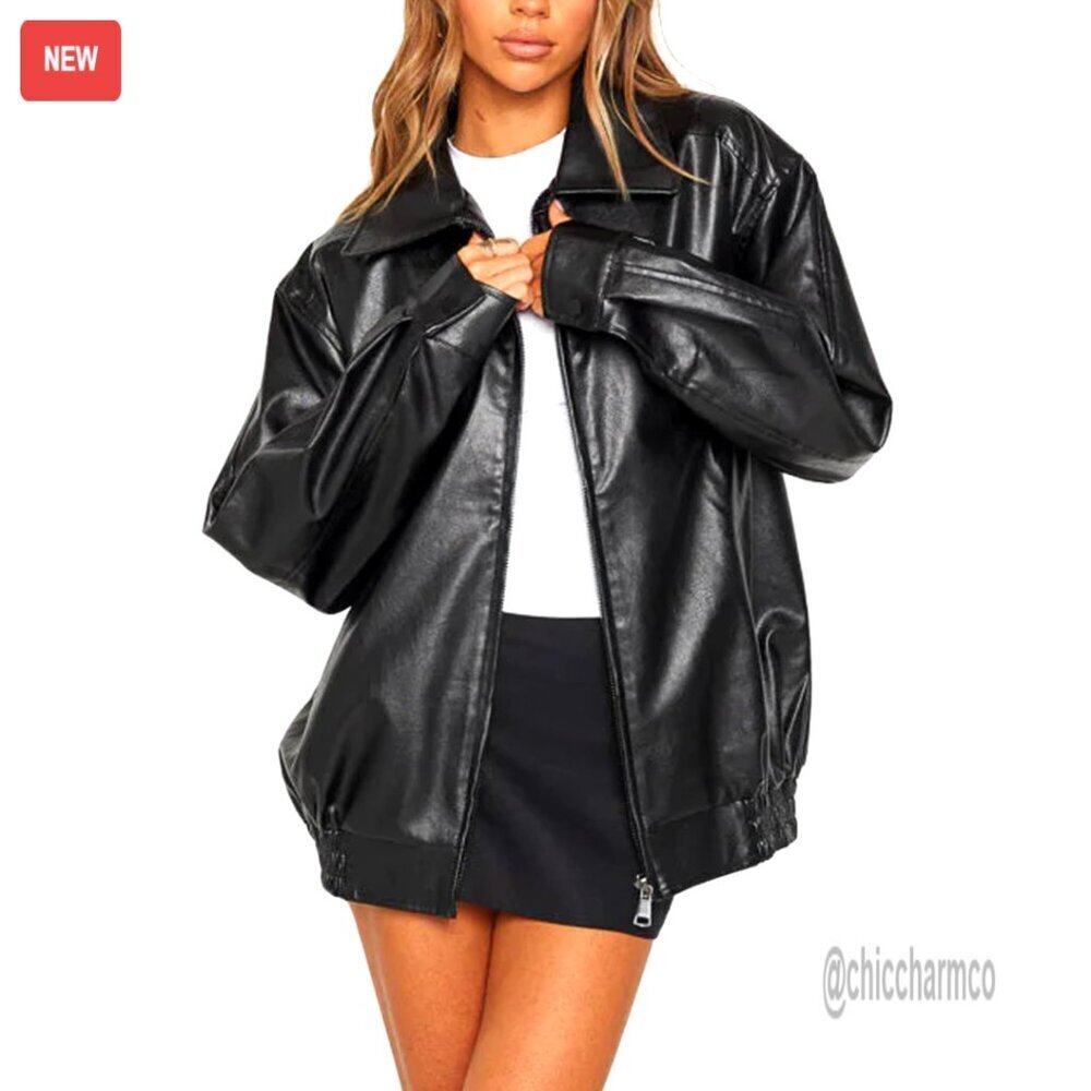 Oversized Lambskin Leather Moto Biker Jacket Plus Size Y2K Retro Outfit
